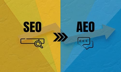 Comparison image highlighting the shift from Search Engine Optimization (SEO) to Answer Engine Optimization (AEO), emphasizing the delivery of direct answers in digital marketing.