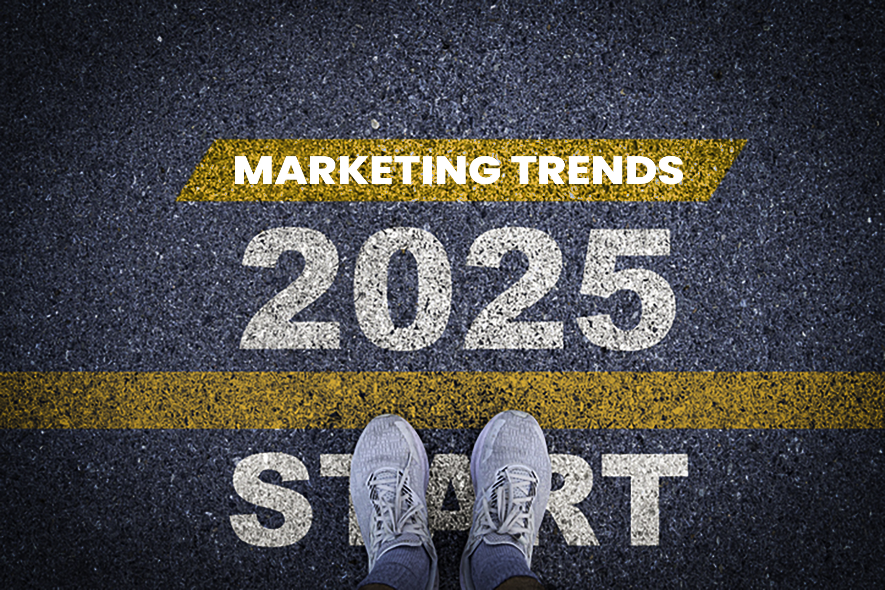 Graphic of futuristic marketing trends in 2025, featuring AI, automation, voice search, and immersive content concepts.